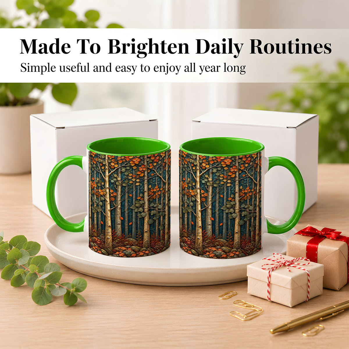 #pl[11oz|Green] Autumn Birch Forest Coffee Mug, Fall Woodland Mug, Ceramic Cup