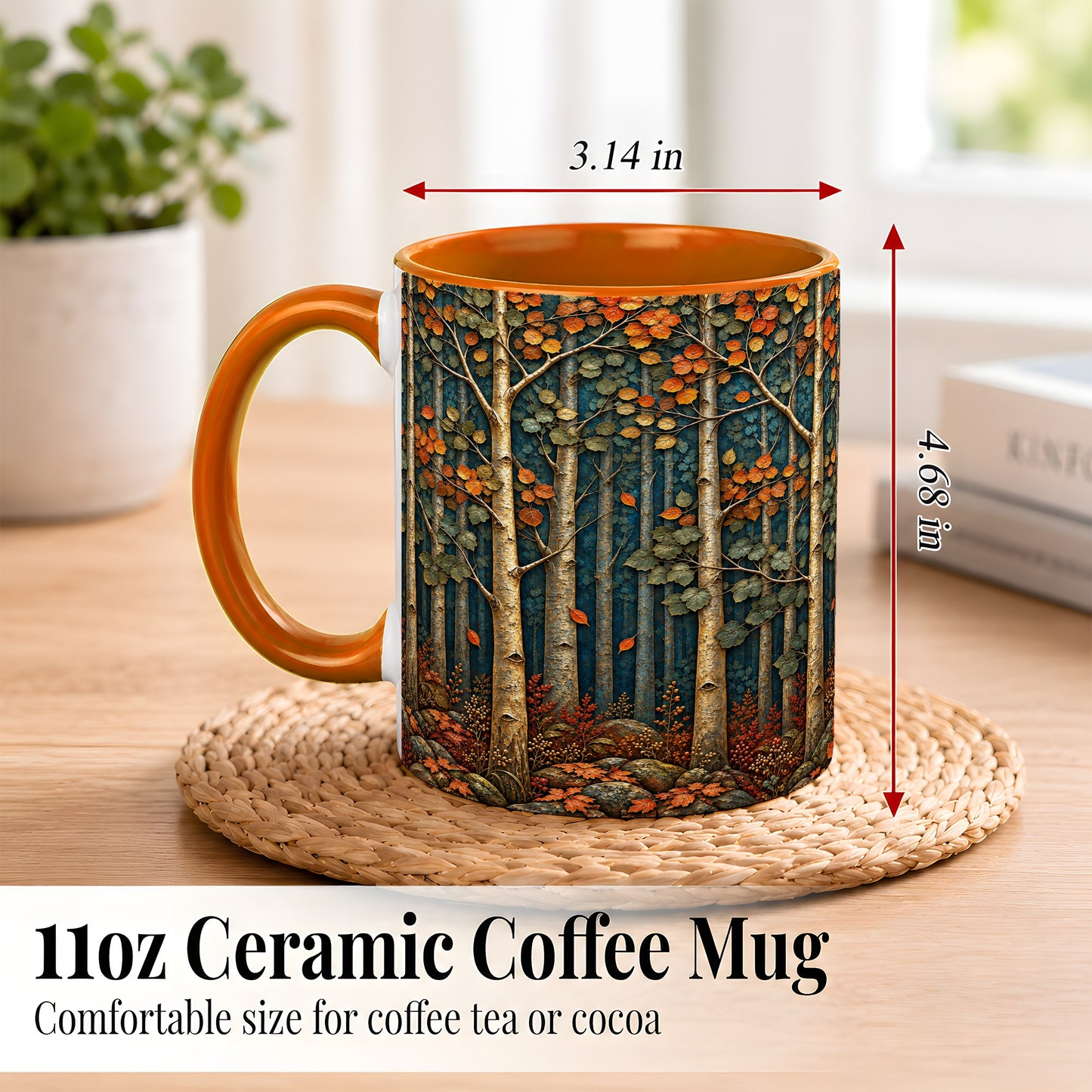 #pl[11oz|Orange] Autumn Birch Forest Coffee Mug, Fall Woodland Mug, Ceramic Cup