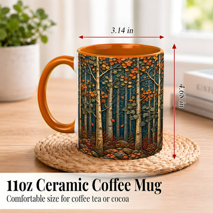 #pl[11oz|Orange] Autumn Birch Forest Coffee Mug, Fall Woodland Mug, Ceramic Cup