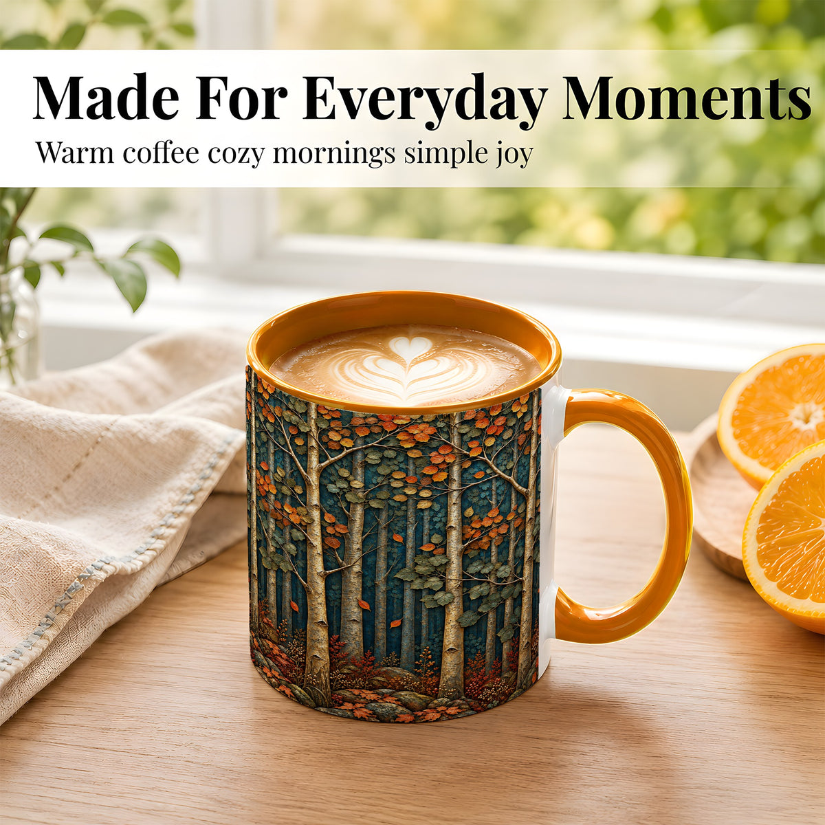 #pl[11oz|Orange] Autumn Birch Forest Coffee Mug, Fall Woodland Mug, Ceramic Cup