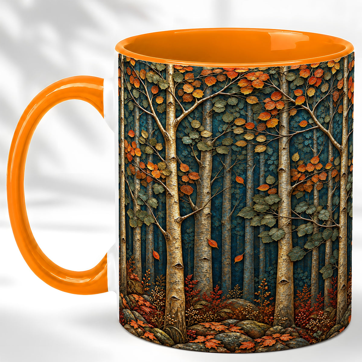 #pl[11oz|Orange] Autumn Birch Forest Coffee Mug, Fall Woodland Mug, Ceramic Cup