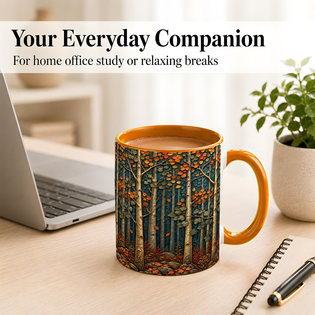 #pl[11oz|Orange] Autumn Birch Forest Coffee Mug, Fall Woodland Mug, Ceramic Cup