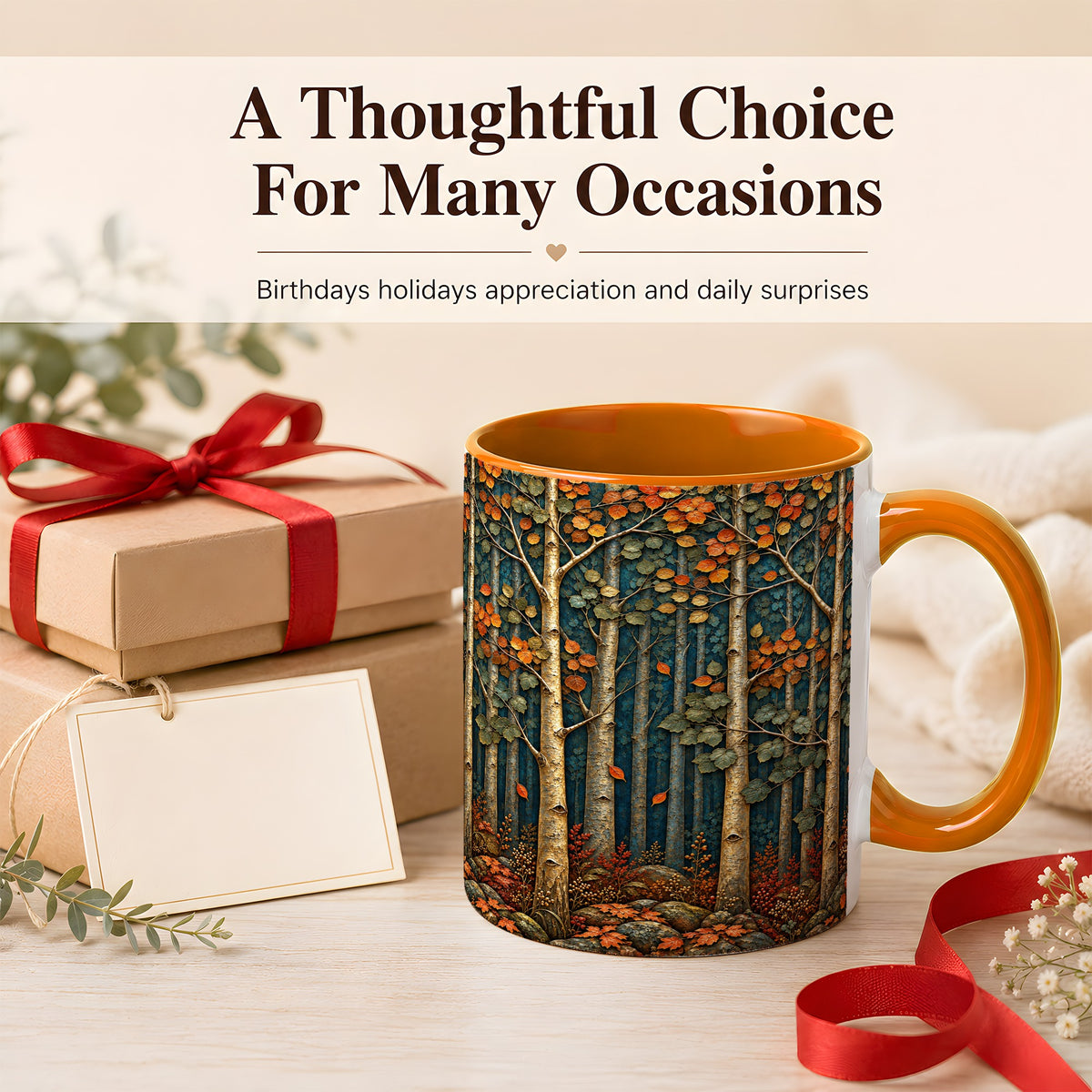 #pl[11oz|Orange] Autumn Birch Forest Coffee Mug, Fall Woodland Mug, Ceramic Cup