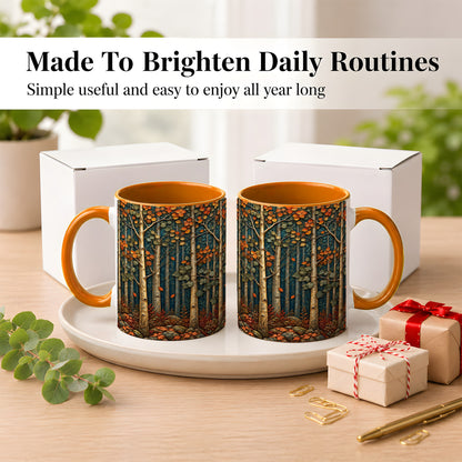 #pl[11oz|Orange] Autumn Birch Forest Coffee Mug, Fall Woodland Mug, Ceramic Cup