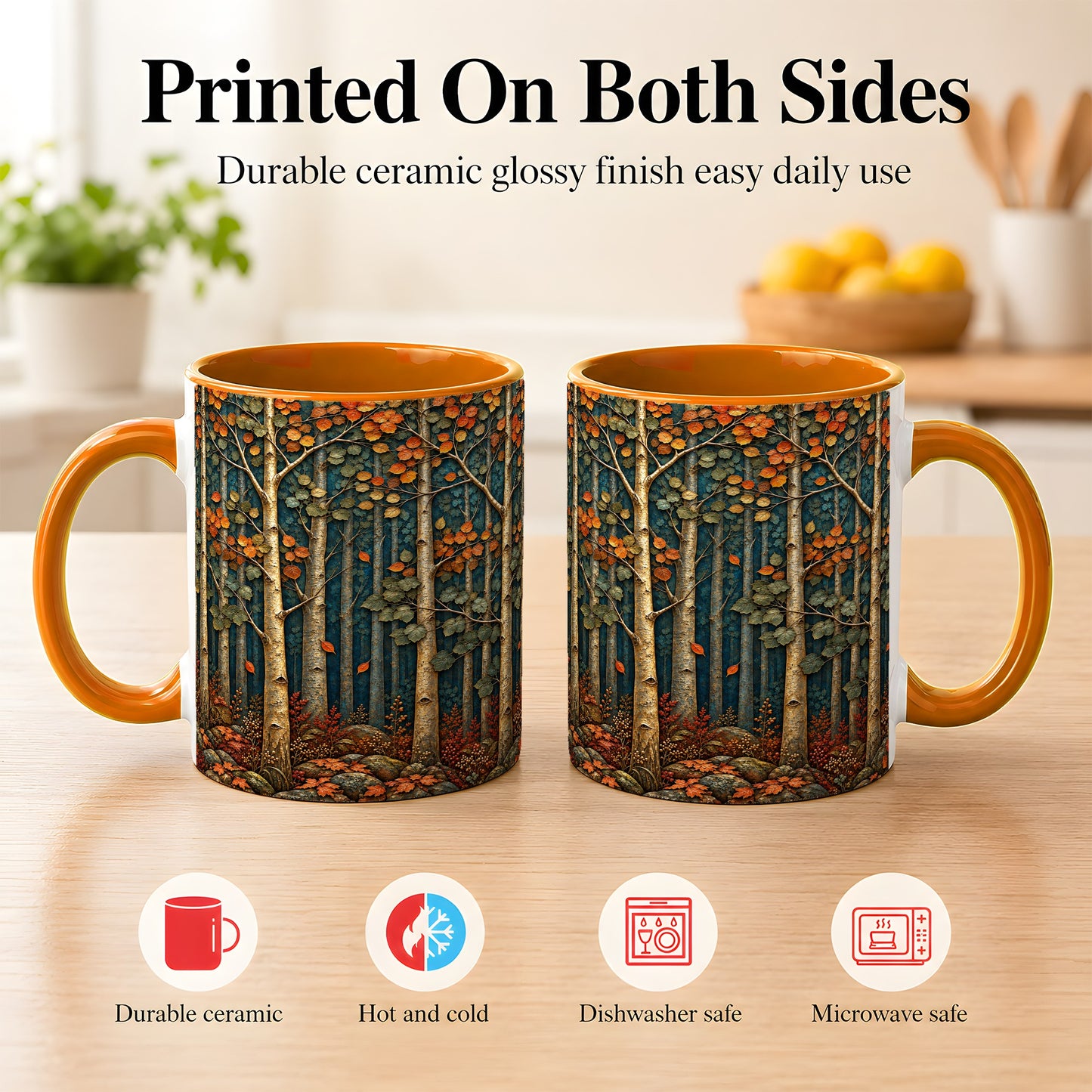 #pl[11oz|Orange] Autumn Birch Forest Coffee Mug, Fall Woodland Mug, Ceramic Cup