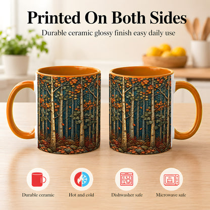 #pl[11oz|Orange] Autumn Birch Forest Coffee Mug, Fall Woodland Mug, Ceramic Cup