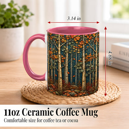 #pl[11oz|Pink] Autumn Birch Forest Coffee Mug, Fall Woodland Mug, Ceramic Cup
