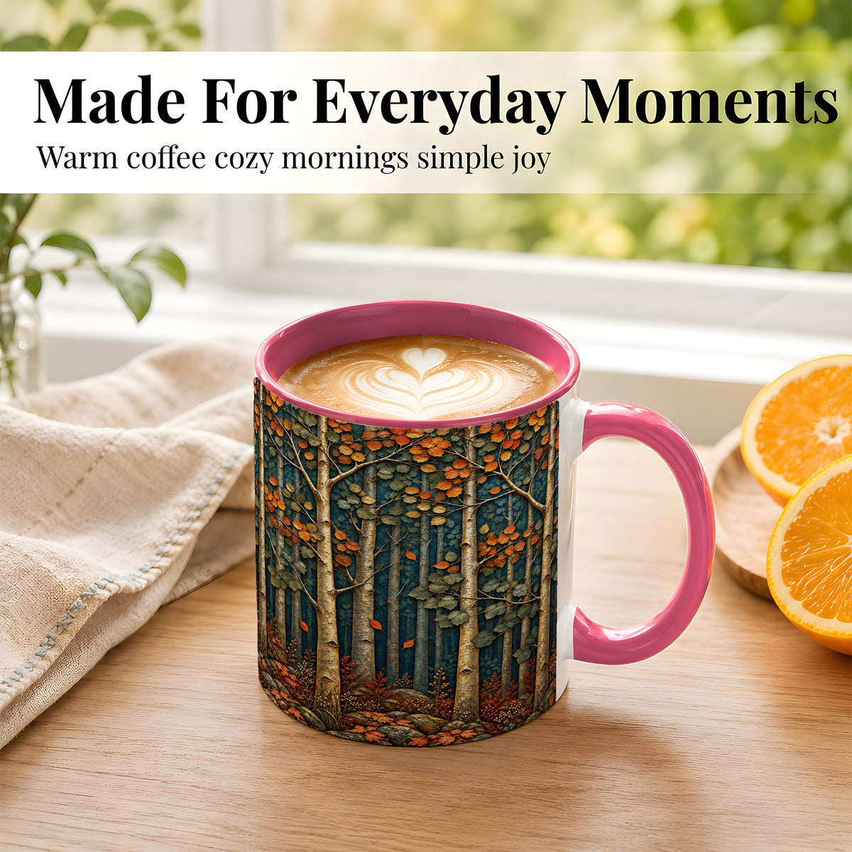 #pl[11oz|Pink] Autumn Birch Forest Coffee Mug, Fall Woodland Mug, Ceramic Cup