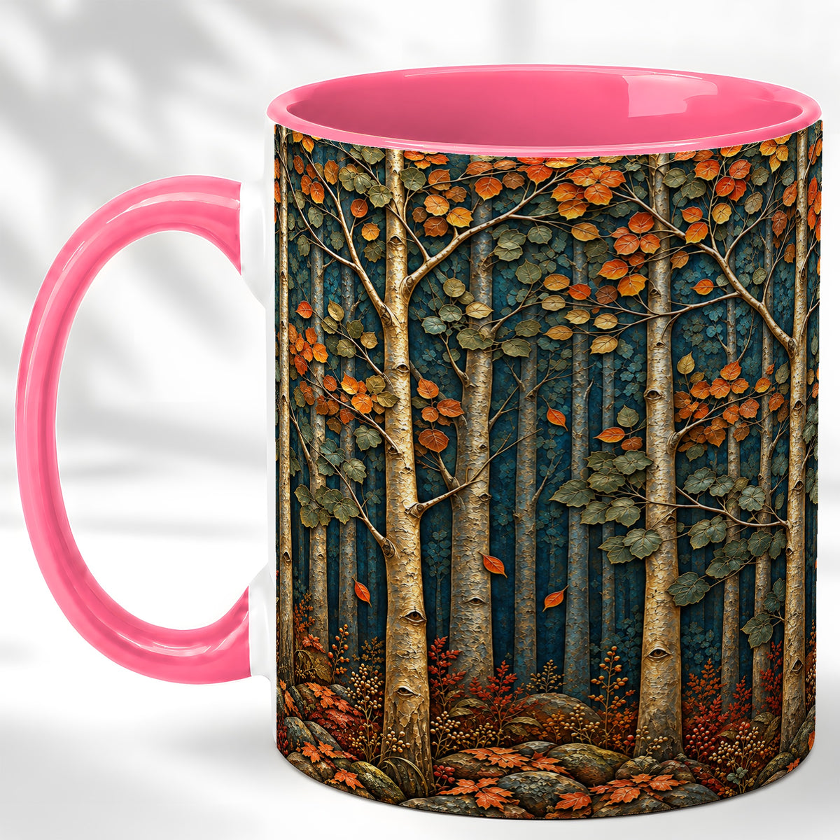 #pl[11oz|Pink] Autumn Birch Forest Coffee Mug, Fall Woodland Mug, Ceramic Cup