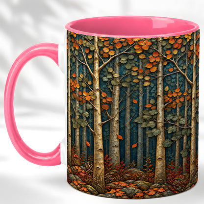#pl[11oz|Pink] Autumn Birch Forest Coffee Mug, Fall Woodland Mug, Ceramic Cup