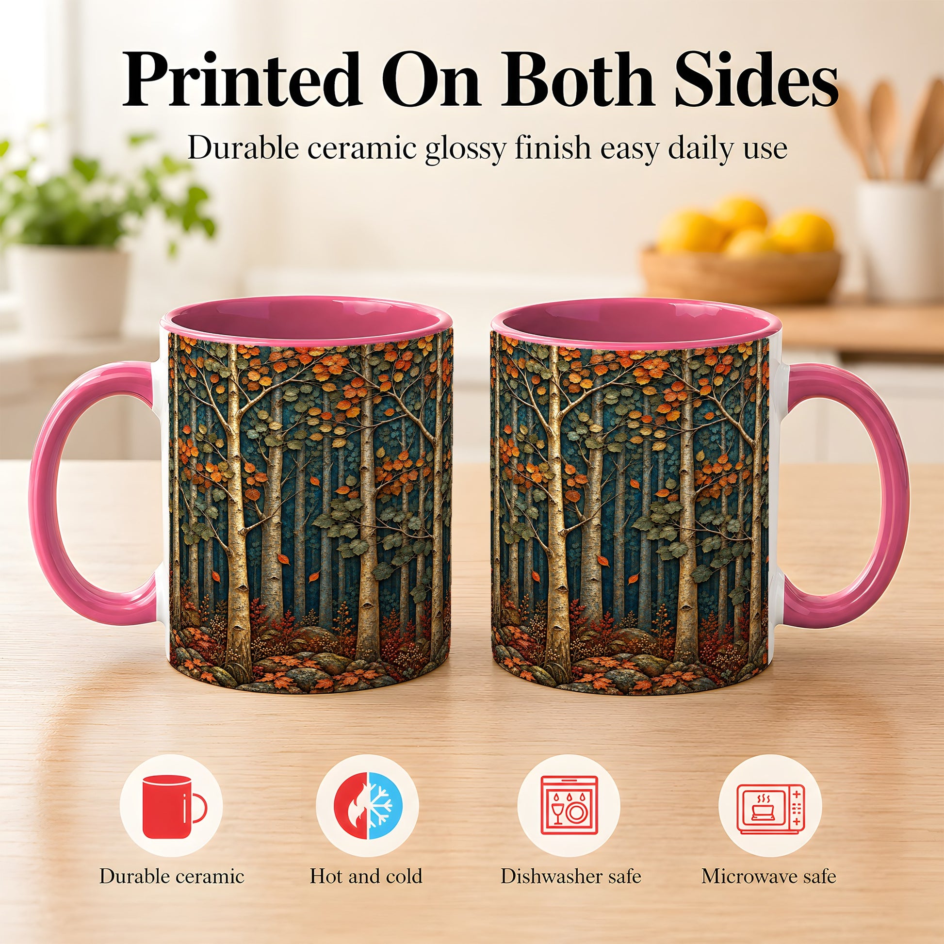 #pl[11oz|Pink] Autumn Birch Forest Coffee Mug, Fall Woodland Mug, Ceramic Cup