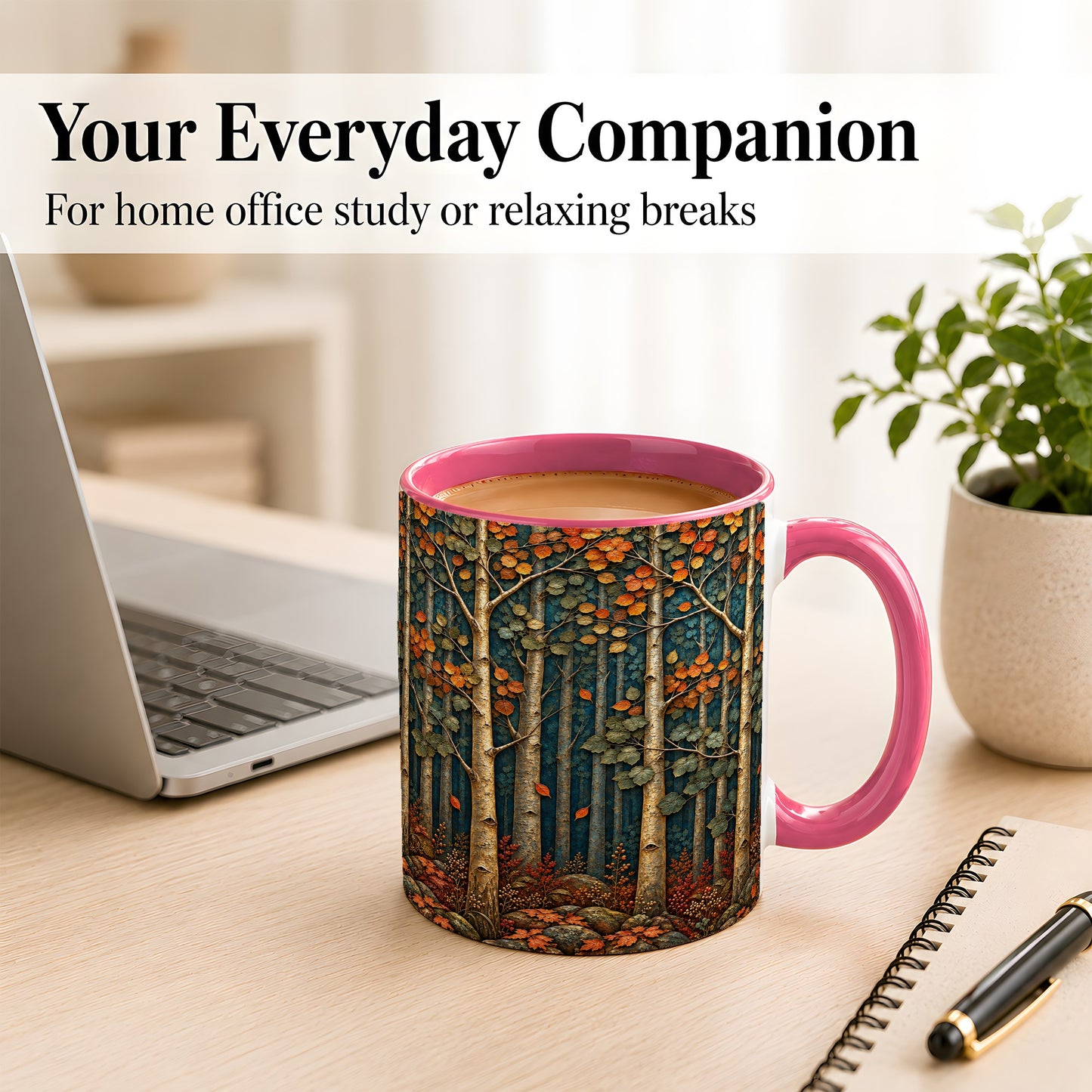 #pl[11oz|Pink] Autumn Birch Forest Coffee Mug, Fall Woodland Mug, Ceramic Cup