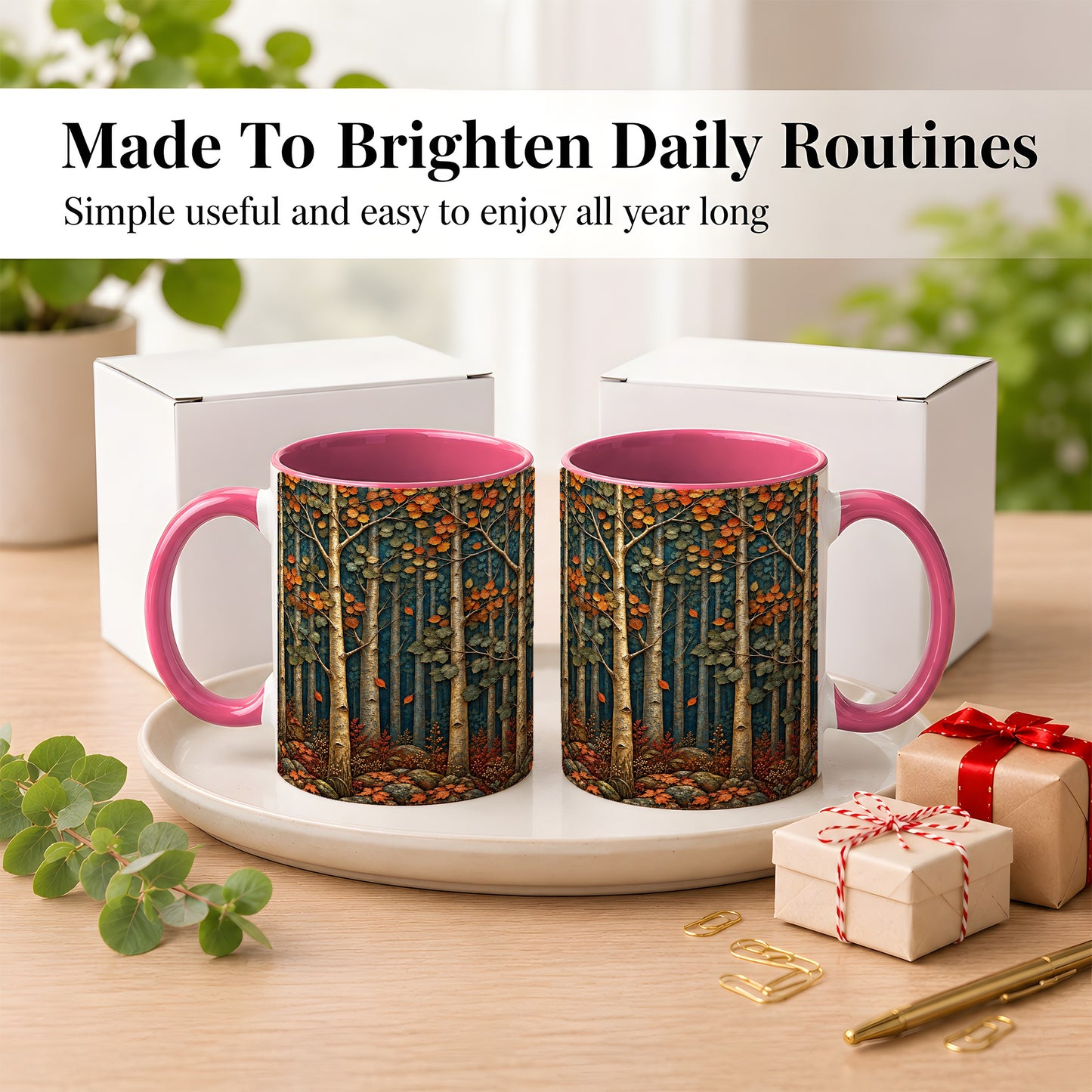 #pl[11oz|Pink] Autumn Birch Forest Coffee Mug, Fall Woodland Mug, Ceramic Cup