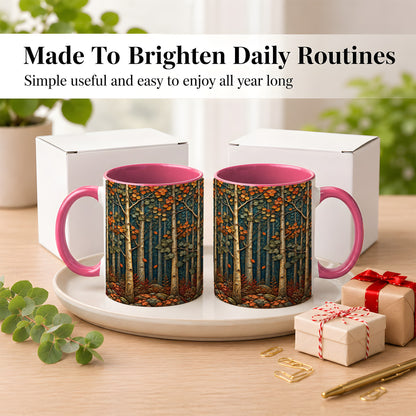 #pl[11oz|Pink] Autumn Birch Forest Coffee Mug, Fall Woodland Mug, Ceramic Cup