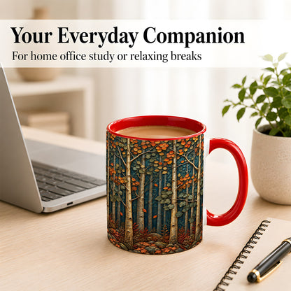 #pl[11oz|Red] Autumn Birch Forest Coffee Mug, Fall Woodland Mug, Ceramic Cup