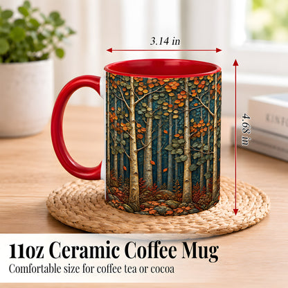 #pl[11oz|Red] Autumn Birch Forest Coffee Mug, Fall Woodland Mug, Ceramic Cup