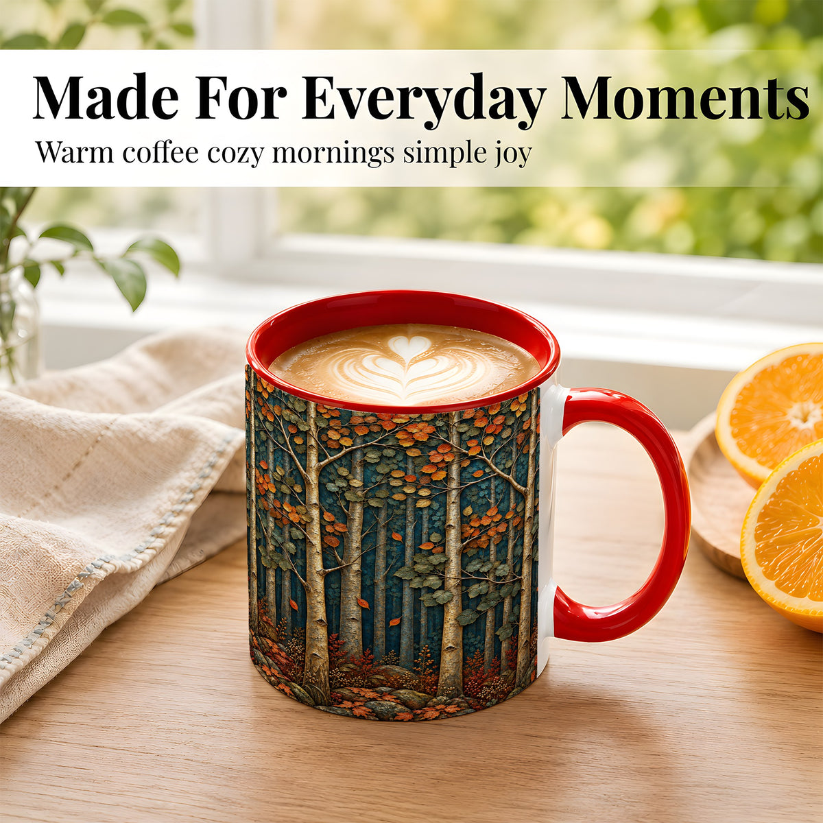 #pl[11oz|Red] Autumn Birch Forest Coffee Mug, Fall Woodland Mug, Ceramic Cup