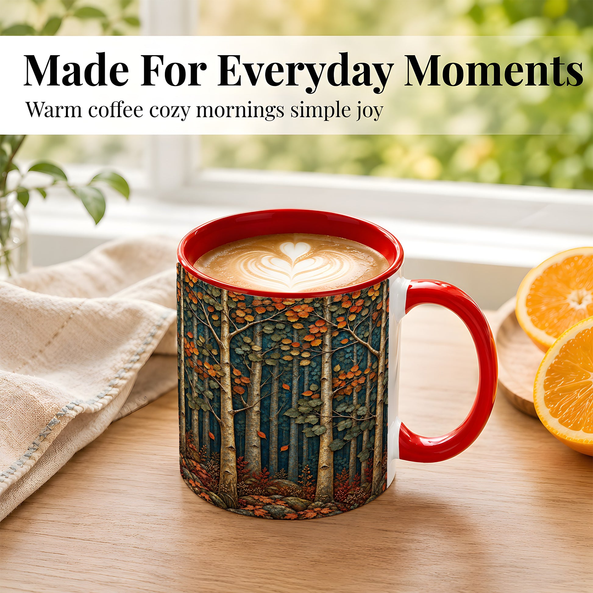 #pl[11oz|Red] Autumn Birch Forest Coffee Mug, Fall Woodland Mug, Ceramic Cup