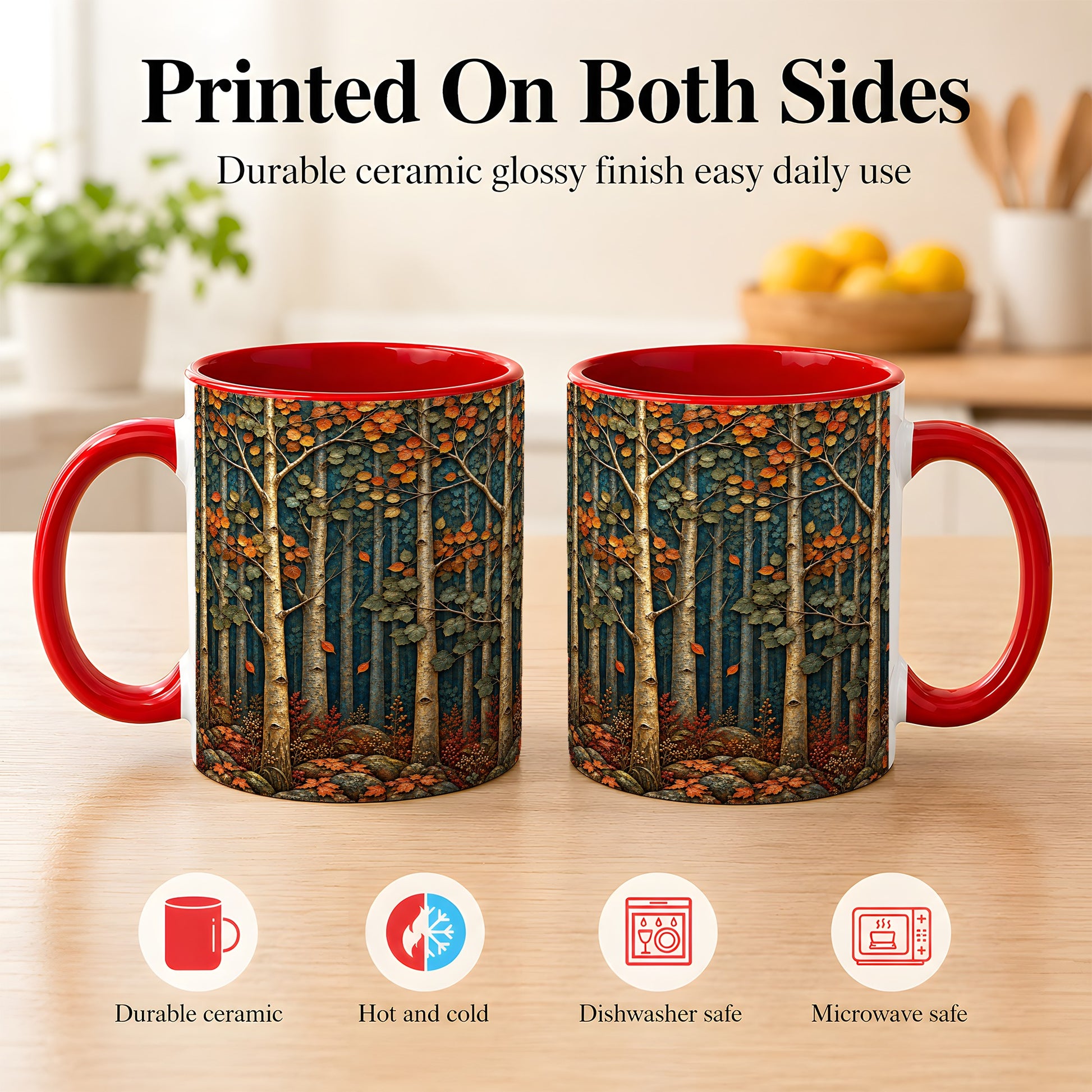 #pl[11oz|Red] Autumn Birch Forest Coffee Mug, Fall Woodland Mug, Ceramic Cup