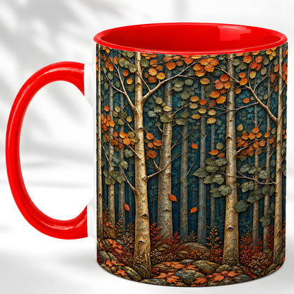 Autumn Birch Forest Coffee Mug, Fall Woodland Mug, Ceramic Cup