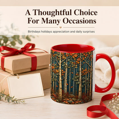 #pl[11oz|Red] Autumn Birch Forest Coffee Mug, Fall Woodland Mug, Ceramic Cup