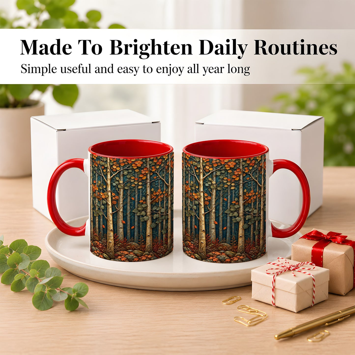 #pl[11oz|Red] Autumn Birch Forest Coffee Mug, Fall Woodland Mug, Ceramic Cup