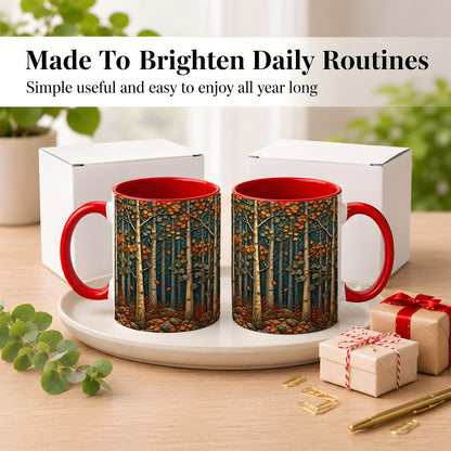 #pl[11oz|Red] Autumn Birch Forest Coffee Mug, Fall Woodland Mug, Ceramic Cup