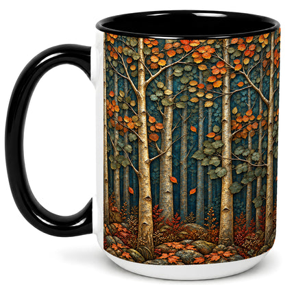 #pl[15oz|Black] Autumn Birch Forest Coffee Mug, Fall Woodland Mug, Ceramic Cup