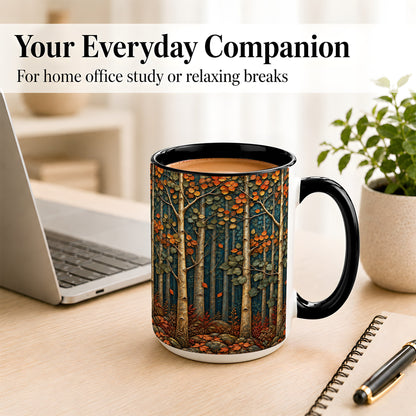 #pl[15oz|Black] Autumn Birch Forest Coffee Mug, Fall Woodland Mug, Ceramic Cup