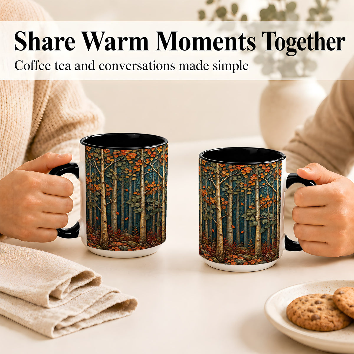 #pl[15oz|Black] Autumn Birch Forest Coffee Mug, Fall Woodland Mug, Ceramic Cup