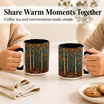 #pl[15oz|Black] Autumn Birch Forest Coffee Mug, Fall Woodland Mug, Ceramic Cup