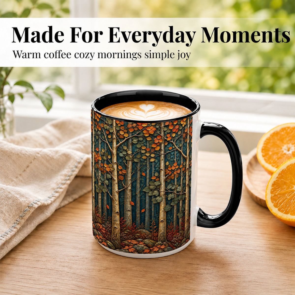 #pl[15oz|Black] Autumn Birch Forest Coffee Mug, Fall Woodland Mug, Ceramic Cup
