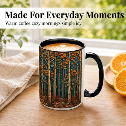 #pl[15oz|Black] Autumn Birch Forest Coffee Mug, Fall Woodland Mug, Ceramic Cup