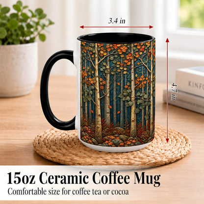 #pl[15oz|Black] Autumn Birch Forest Coffee Mug, Fall Woodland Mug, Ceramic Cup