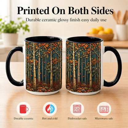 #pl[15oz|Black] Autumn Birch Forest Coffee Mug, Fall Woodland Mug, Ceramic Cup
