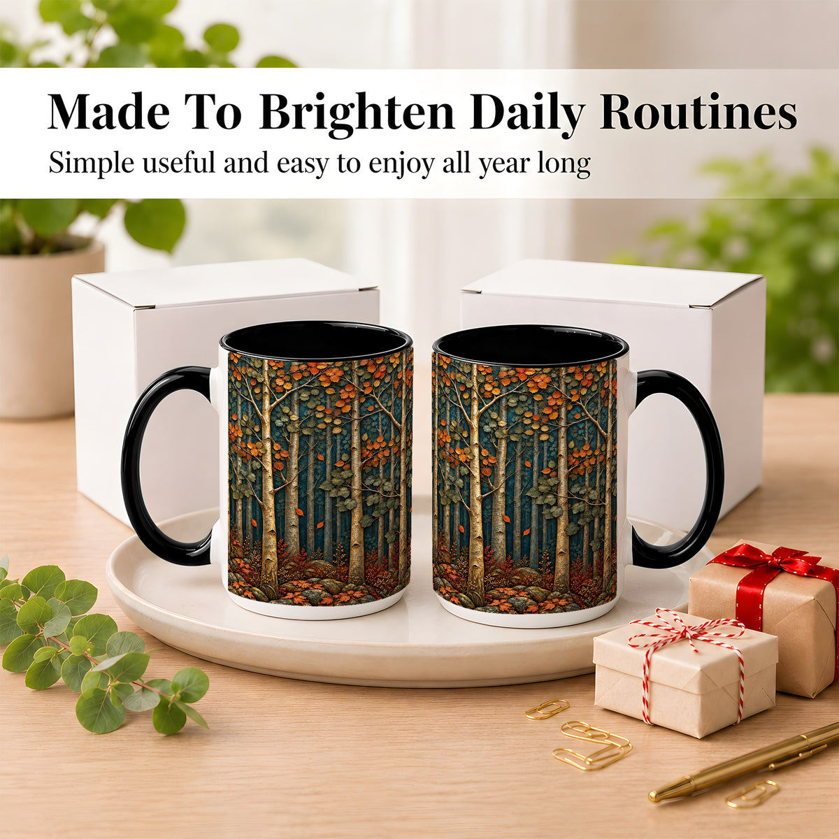 #pl[15oz|Black] Autumn Birch Forest Coffee Mug, Fall Woodland Mug, Ceramic Cup