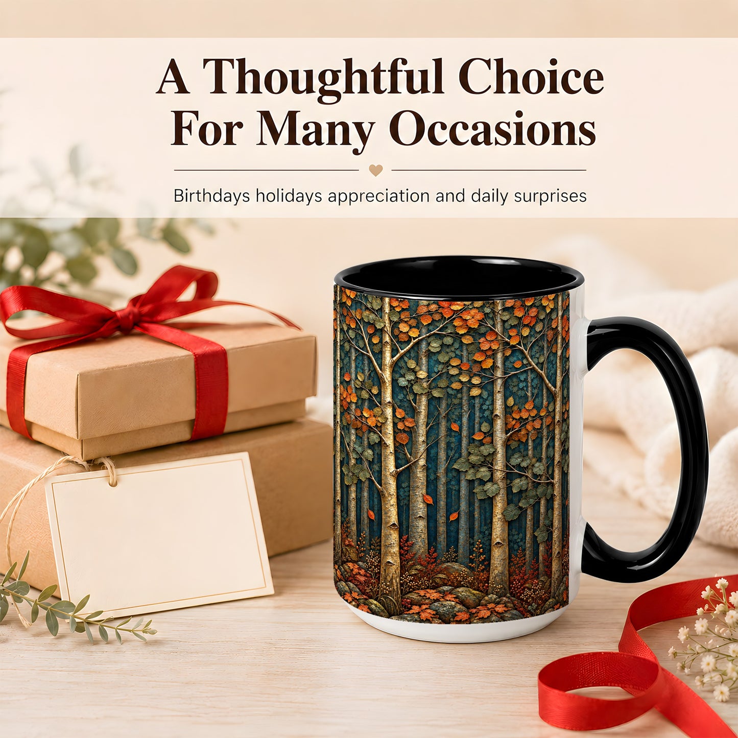 #pl[15oz|Black] Autumn Birch Forest Coffee Mug, Fall Woodland Mug, Ceramic Cup