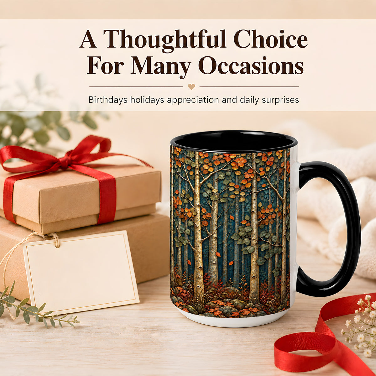 #pl[15oz|Black] Autumn Birch Forest Coffee Mug, Fall Woodland Mug, Ceramic Cup