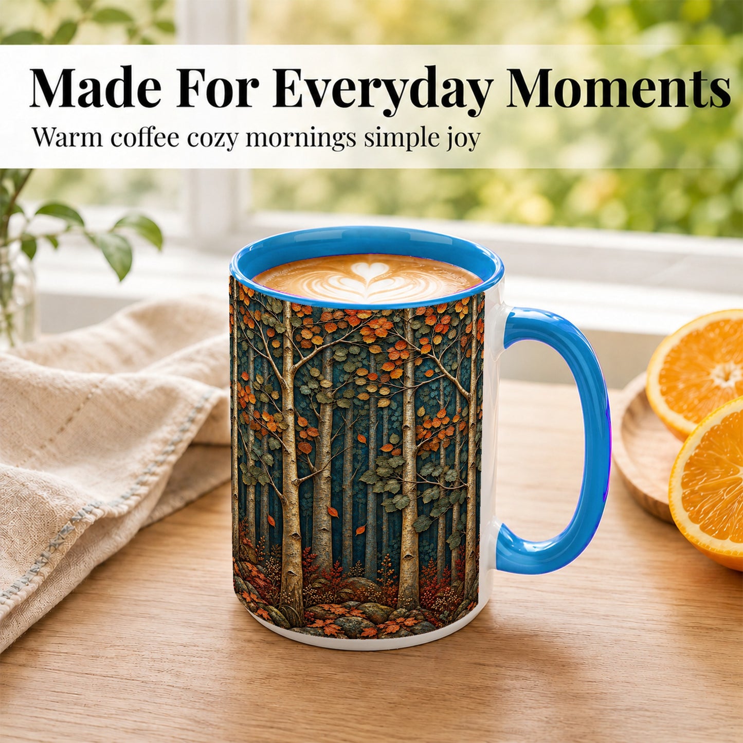 #pl[15oz|Blue] Autumn Birch Forest Coffee Mug, Fall Woodland Mug, Ceramic Cup