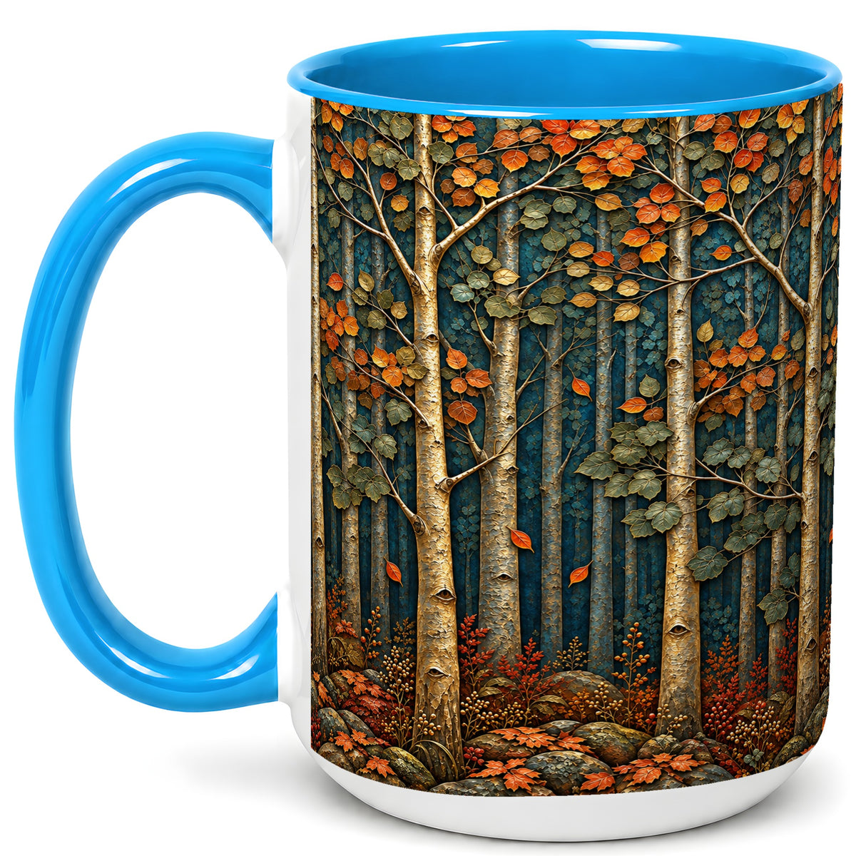 #pl[15oz|Blue] Autumn Birch Forest Coffee Mug, Fall Woodland Mug, Ceramic Cup