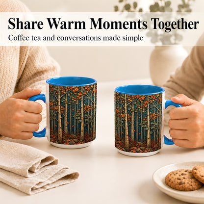 #pl[15oz|Blue] Autumn Birch Forest Coffee Mug, Fall Woodland Mug, Ceramic Cup