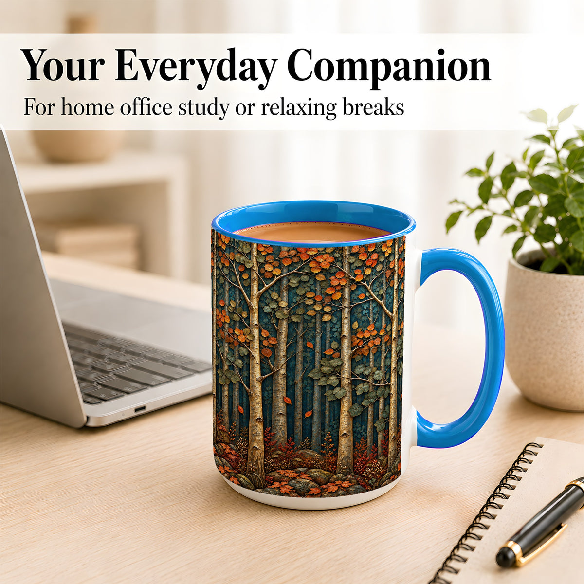 #pl[15oz|Blue] Autumn Birch Forest Coffee Mug, Fall Woodland Mug, Ceramic Cup
