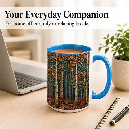 #pl[15oz|Blue] Autumn Birch Forest Coffee Mug, Fall Woodland Mug, Ceramic Cup