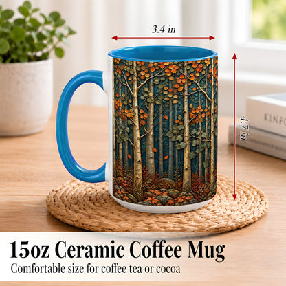 #pl[15oz|Blue] Autumn Birch Forest Coffee Mug, Fall Woodland Mug, Ceramic Cup