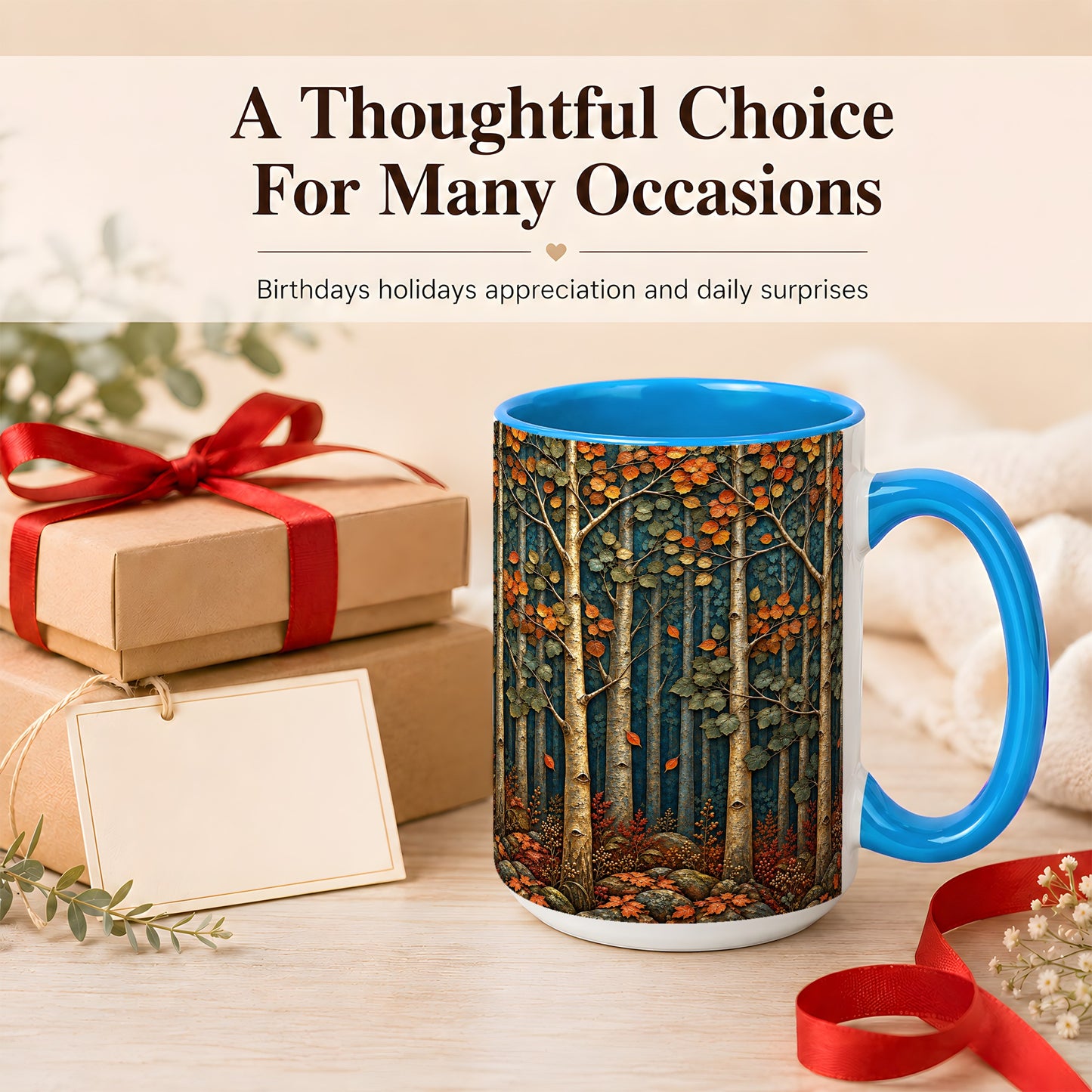 #pl[15oz|Blue] Autumn Birch Forest Coffee Mug, Fall Woodland Mug, Ceramic Cup
