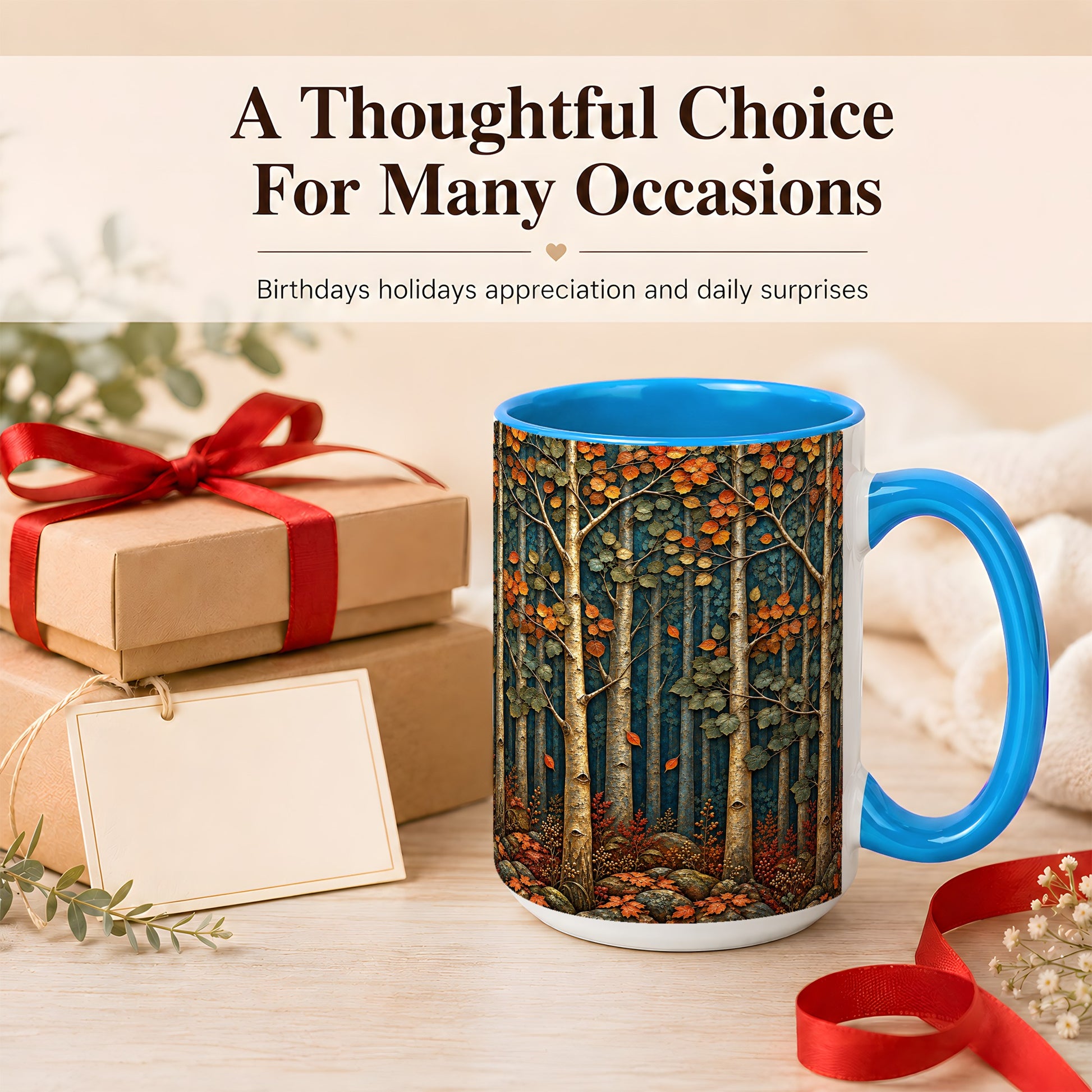 #pl[15oz|Blue] Autumn Birch Forest Coffee Mug, Fall Woodland Mug, Ceramic Cup