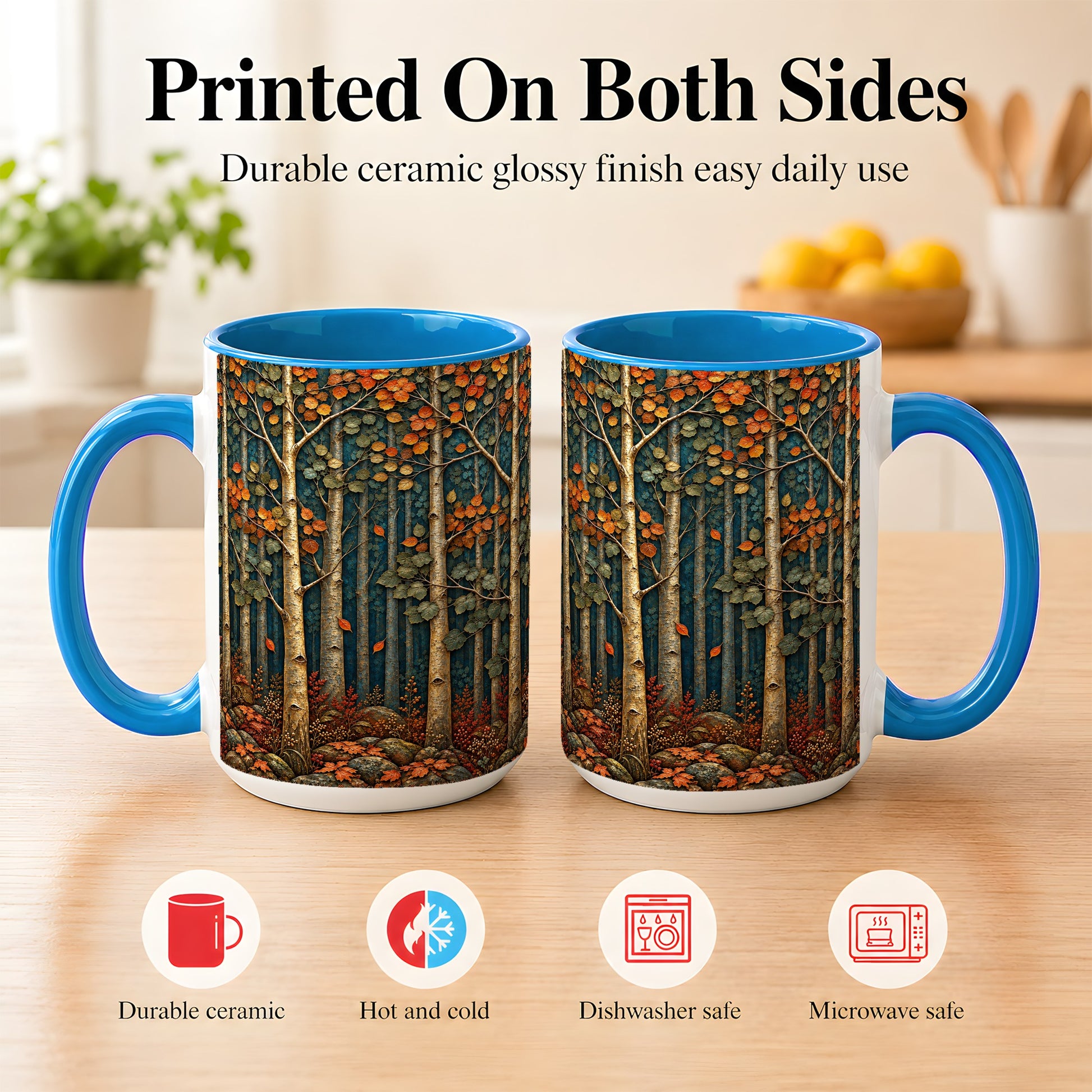 #pl[15oz|Blue] Autumn Birch Forest Coffee Mug, Fall Woodland Mug, Ceramic Cup