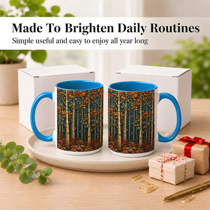 #pl[15oz|Blue] Autumn Birch Forest Coffee Mug, Fall Woodland Mug, Ceramic Cup