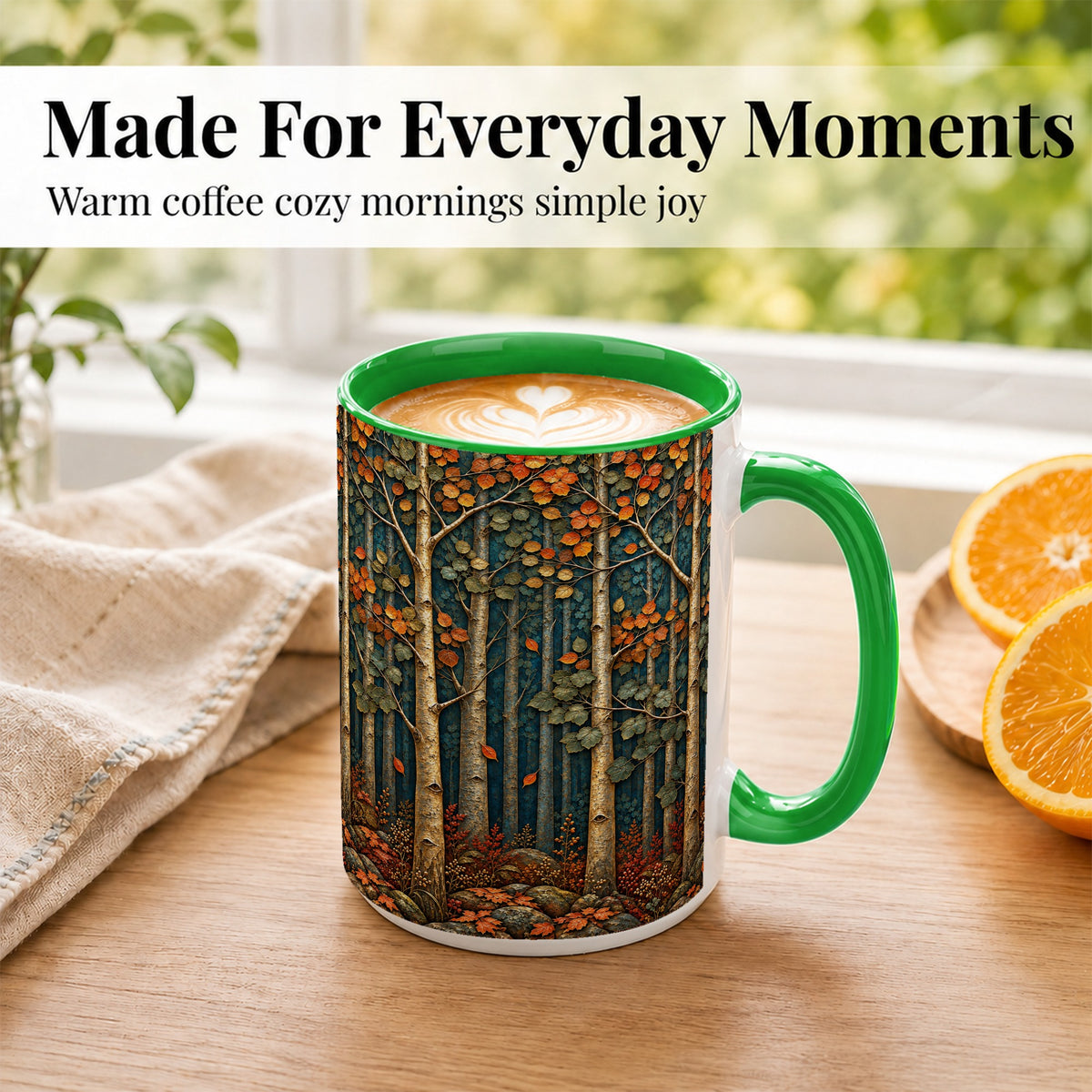 #pl[15oz|Green] Autumn Birch Forest Coffee Mug, Fall Woodland Mug, Ceramic Cup
