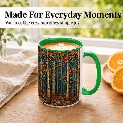 #pl[15oz|Green] Autumn Birch Forest Coffee Mug, Fall Woodland Mug, Ceramic Cup